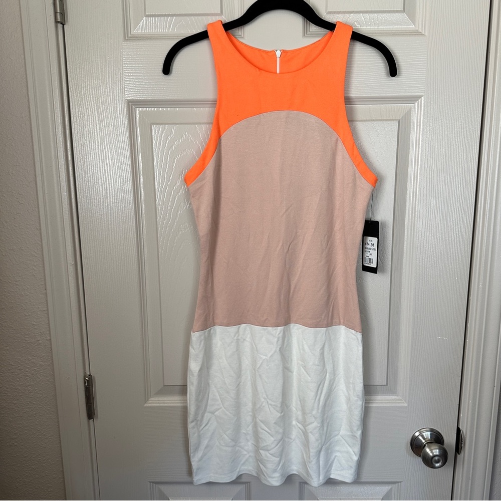 akira tan orange white color blocked bodycon dress